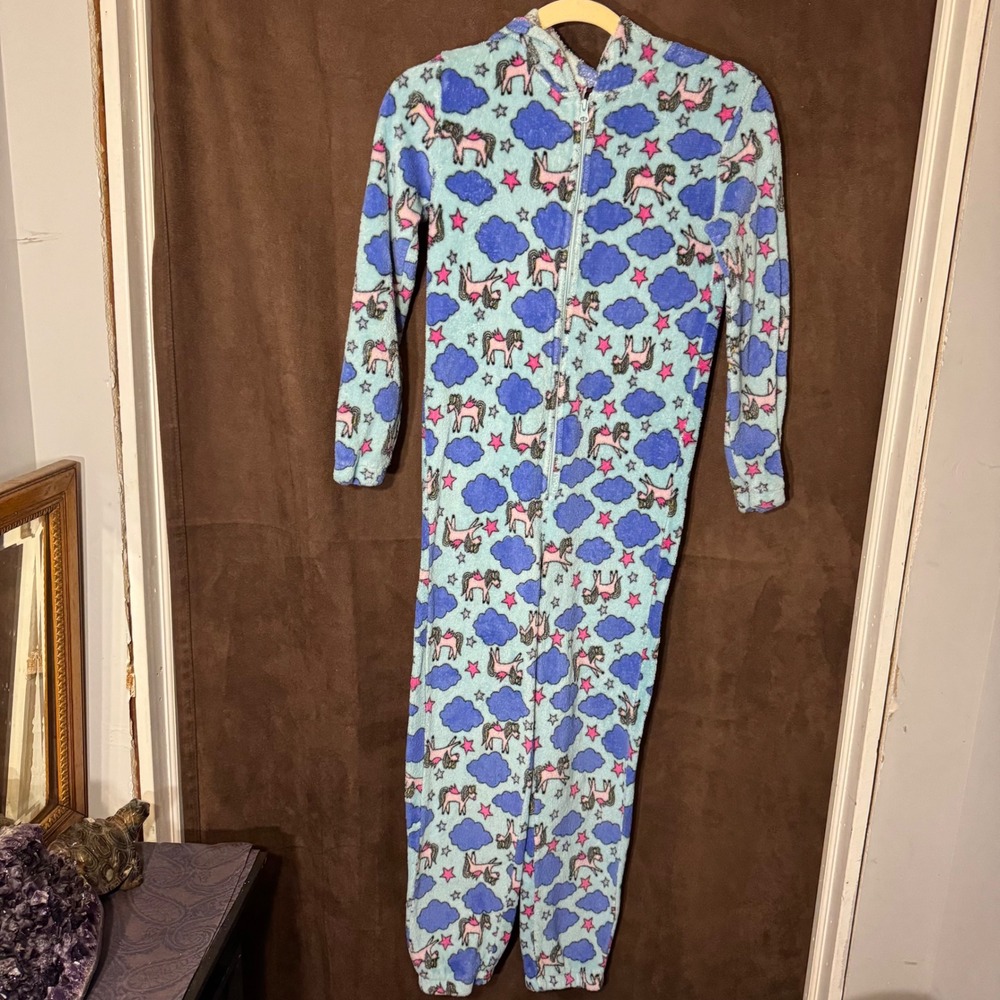 Just Love Girls Size 10/12 Blue Unicorn Cloud Star‎ Hooded Fleece Pajama Onesie